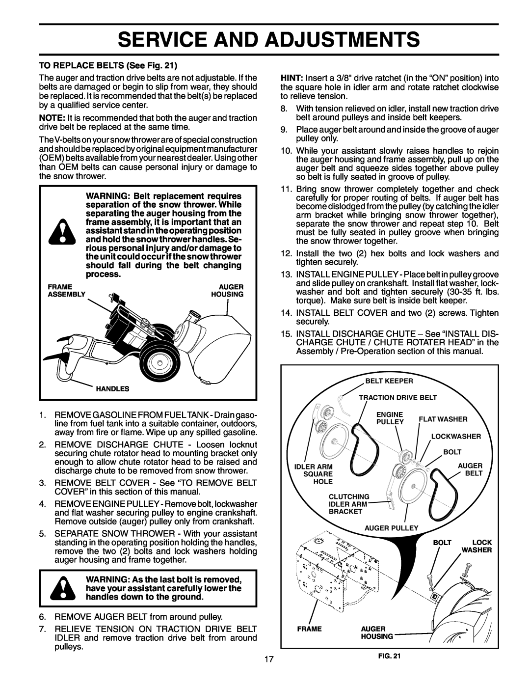 Poulan PR524ESA owner manual Service And Adjustments, TO REPLACE BELTS See Fig 