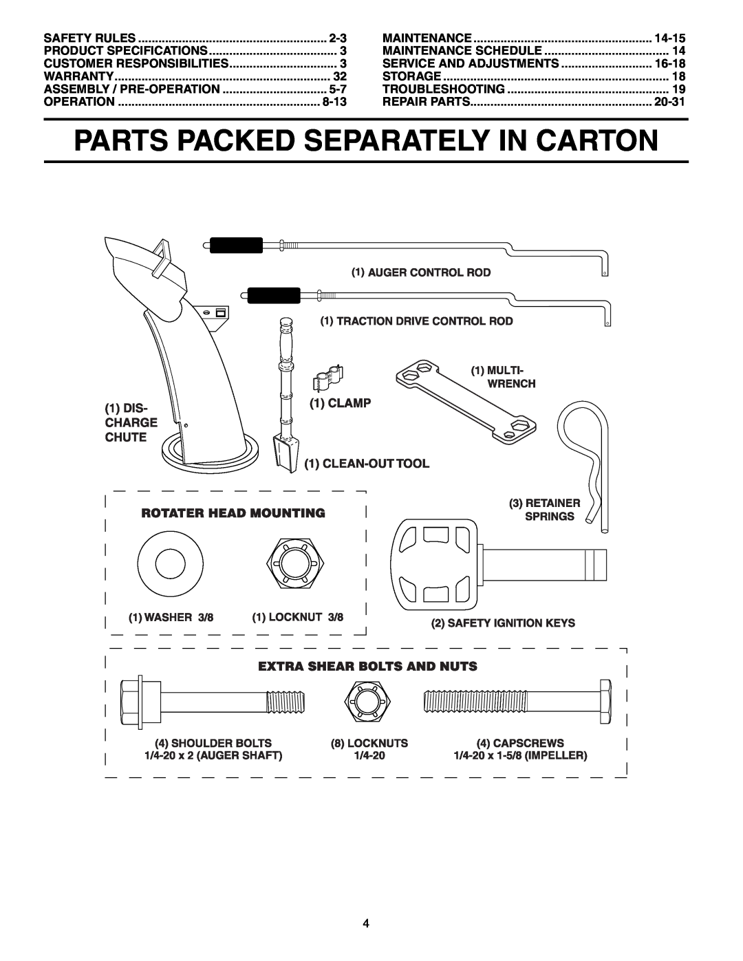 Poulan PR524ESA owner manual Parts Packed Separately In Carton, 8-13, 14-15, Service And Adjustments, 16-18, 20-31 
