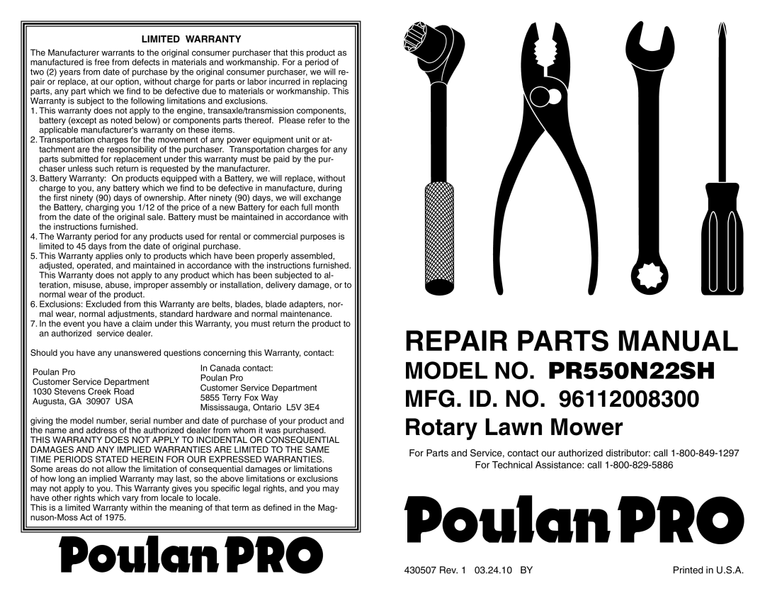 Poulan PR550N22SH warranty Repair Parts Manual, Limited Warranty, For Technical Assistance call, 430507 Rev. 1 03.24.10 BY 