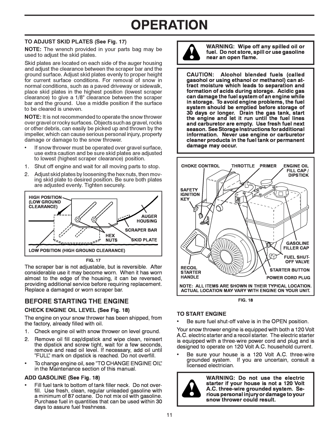 Poulan PR5524ES Before Starting The Engine, Operation, Scraper Bar, CHECK ENGINE OIL LEVEL See Fig, ADD GASOLINE See Fig 