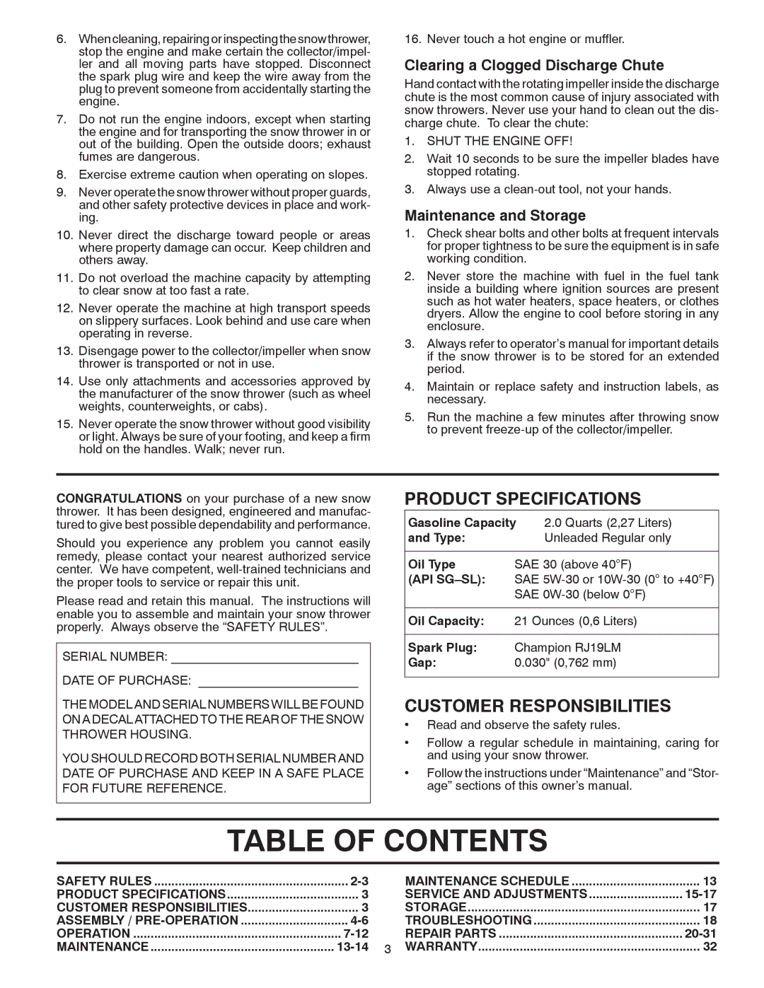 Poulan PR5524ES owner manual Table of Contents 