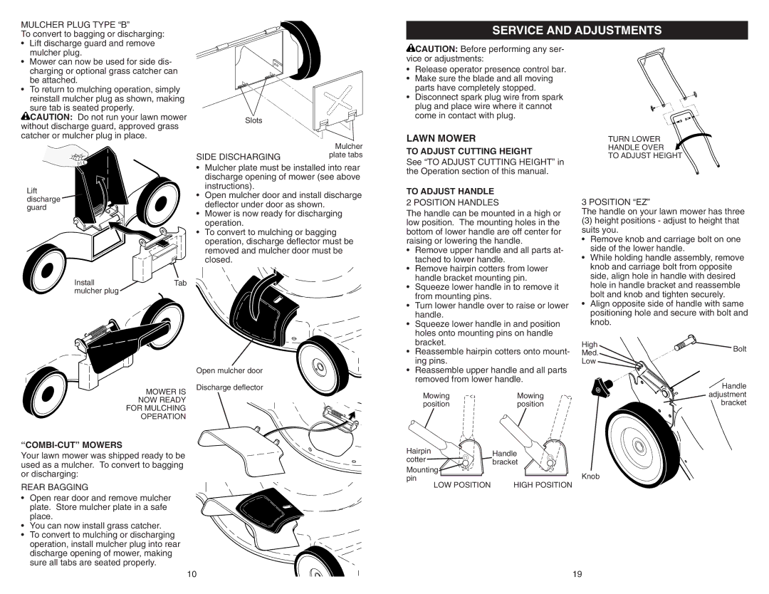 Poulan PR600Y21RP manual Service and Adjustments, To Adjust Cutting Height, To Adjust Handle, COMBI-CUT Mowers 