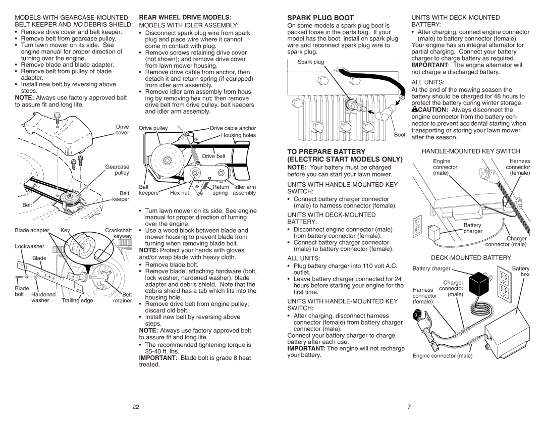 Poulan PR600Y21RP manual Spark Plug Boot, To Prepare Battery Electric Start Models only, Rear Wheel Drive Models 