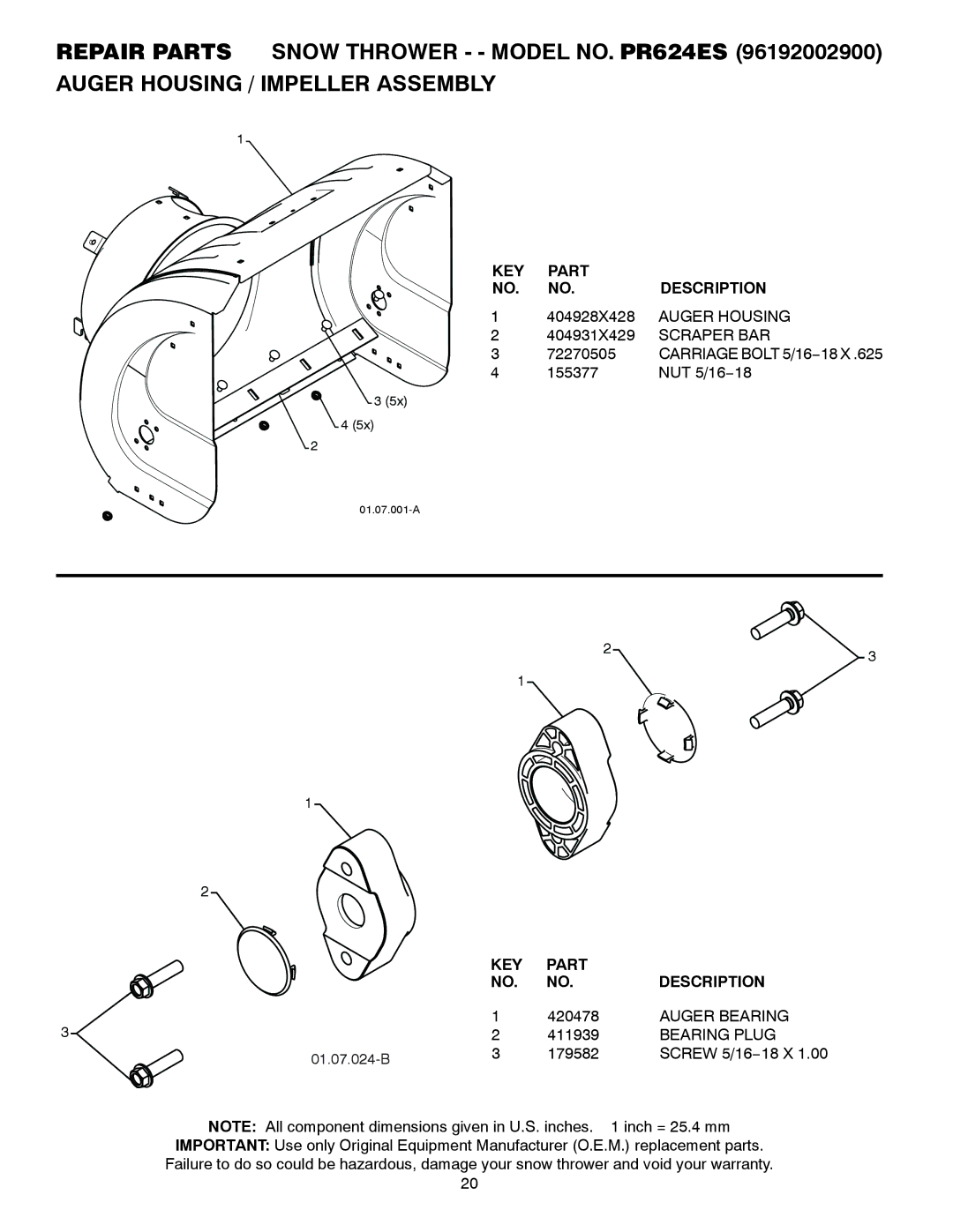 Poulan PR624ES owner manual KEY Part Description, Auger Housing, Scraper BAR, Auger Bearing, Bearing Plug 