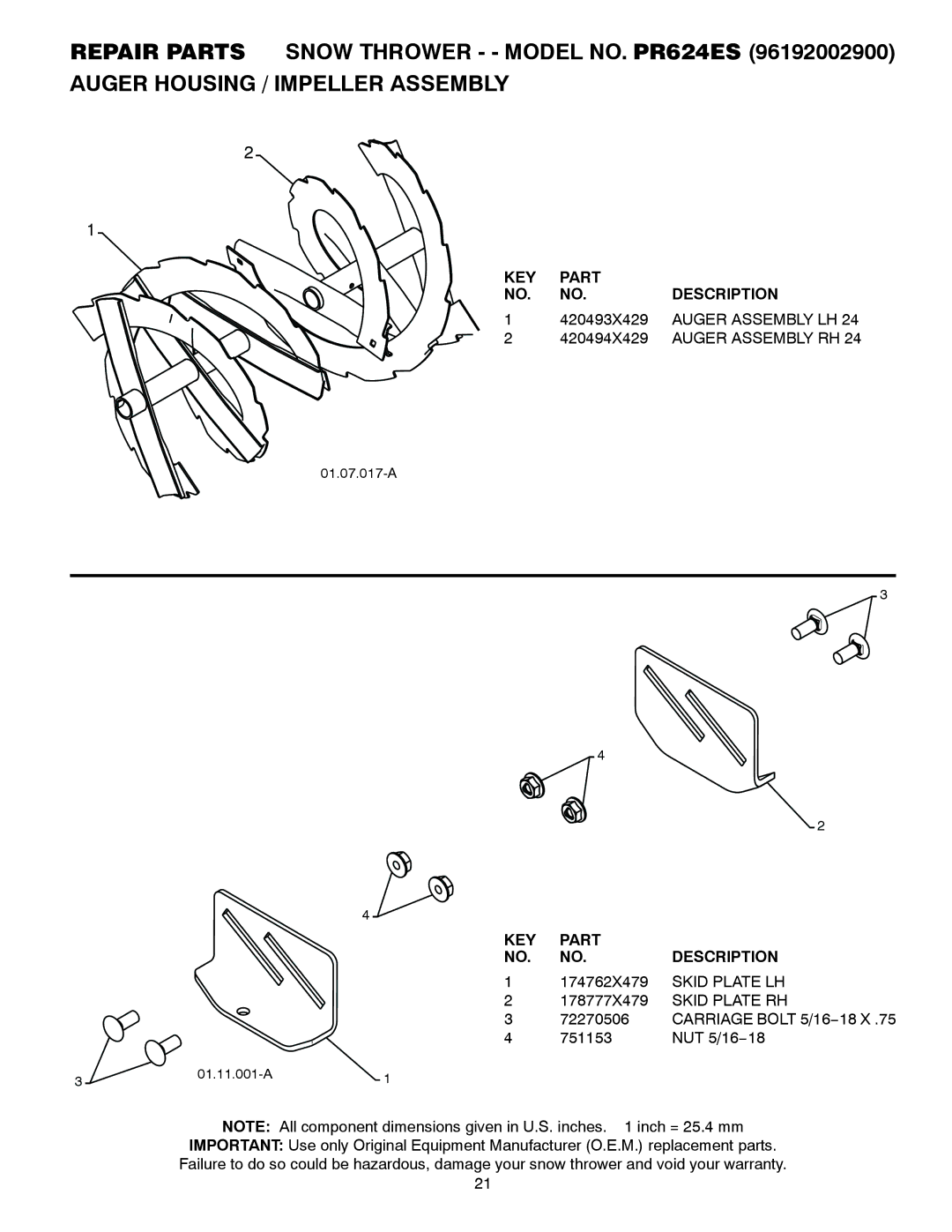 Poulan PR624ES owner manual Auger Assembly LH, Auger Assembly RH, Skid Plate LH, Skid Plate RH 