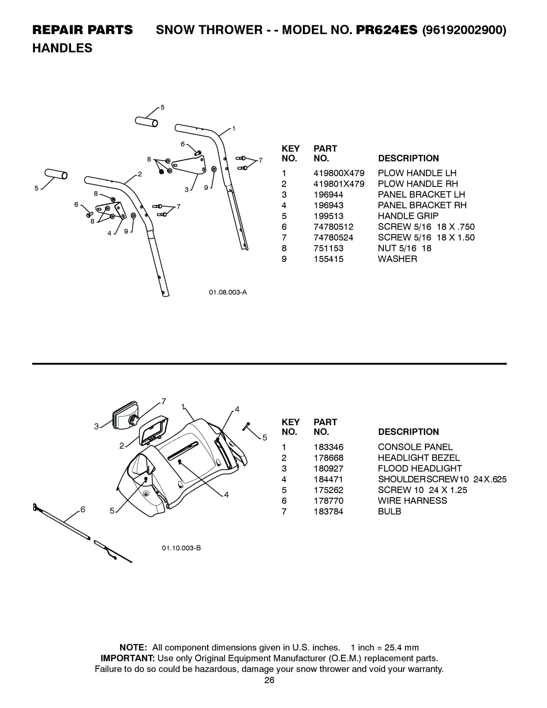 Poulan owner manual Repair Parts Snow Thrower - Model NO. PR624ES Handles 