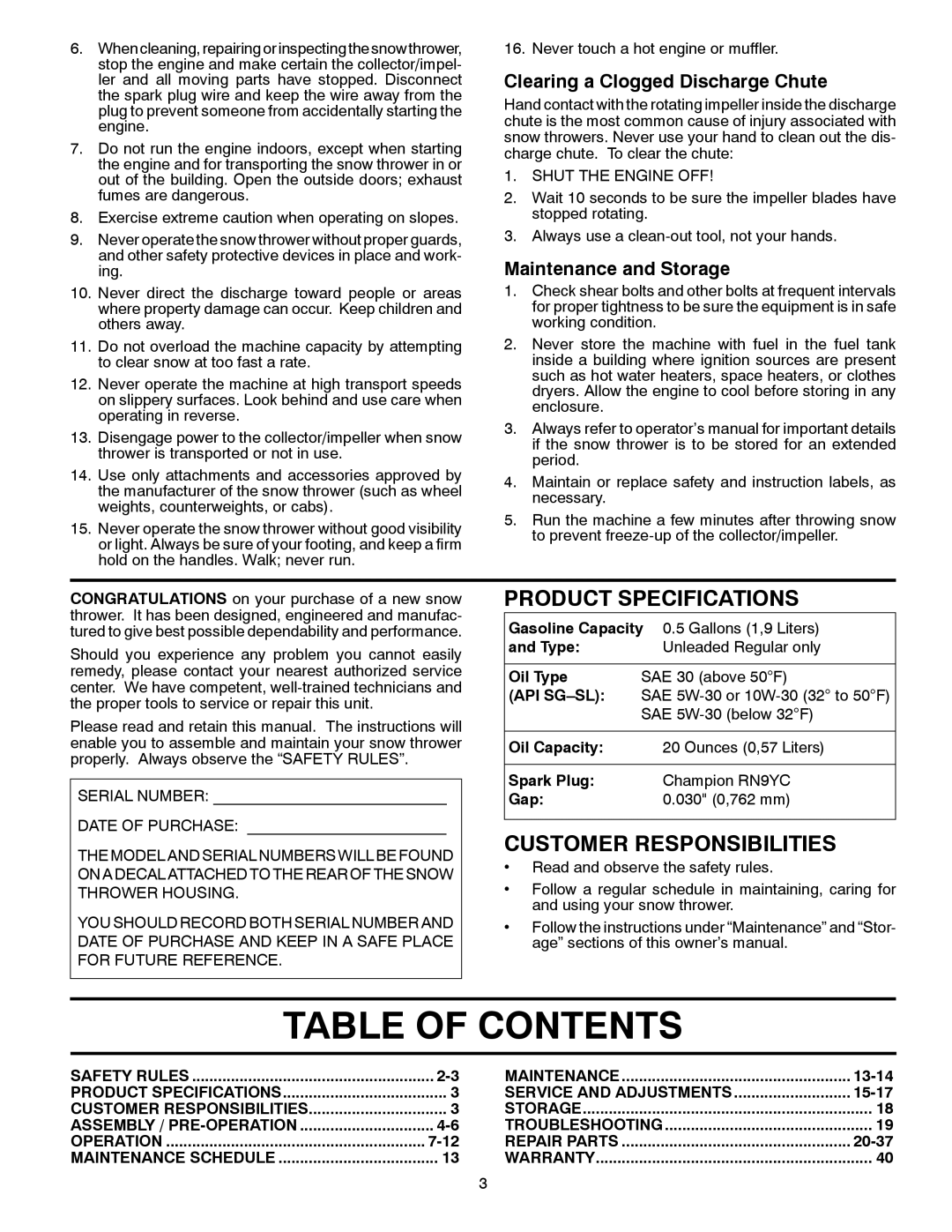 Poulan PR624ES owner manual Table of Contents 