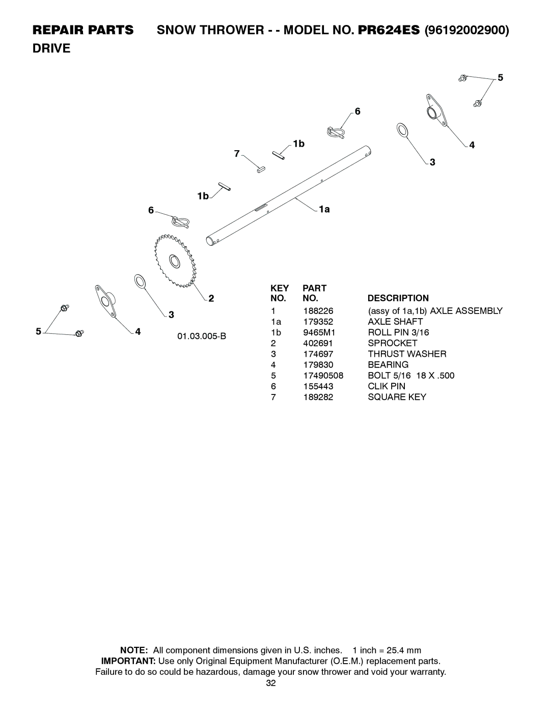 Poulan PR624ES owner manual Axle Shaft, Roll PIN 3/16, Sprocket, Clik PIN 