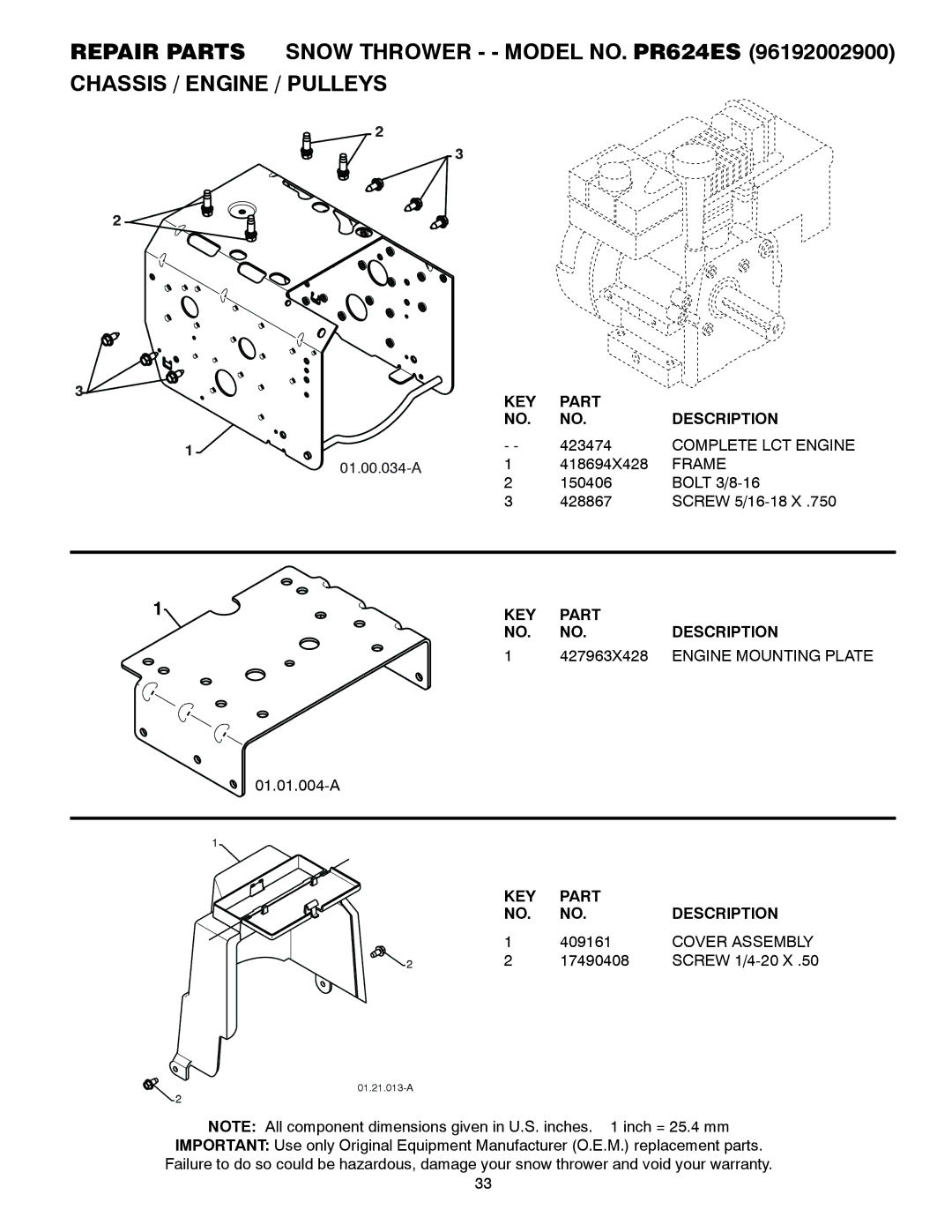 Poulan PR624ES owner manual Complete LCT Engine, Frame, 427963X428, Engine Mounting Plate, Cover Assembly 