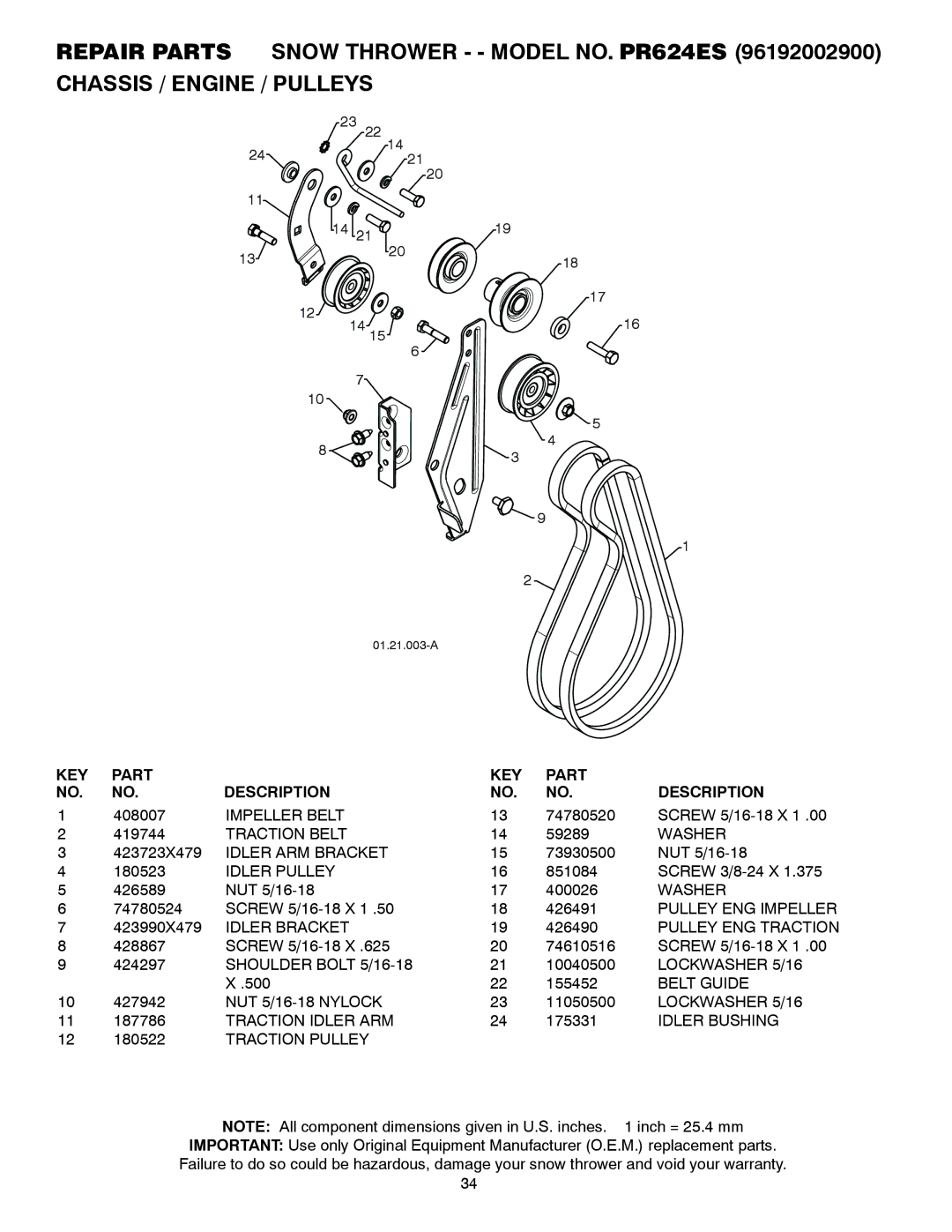 Poulan PR624ES Impeller Belt, Traction Belt, Idler ARM Bracket, Idler Pulley, Pulley ENG Impeller, Idler Bracket 