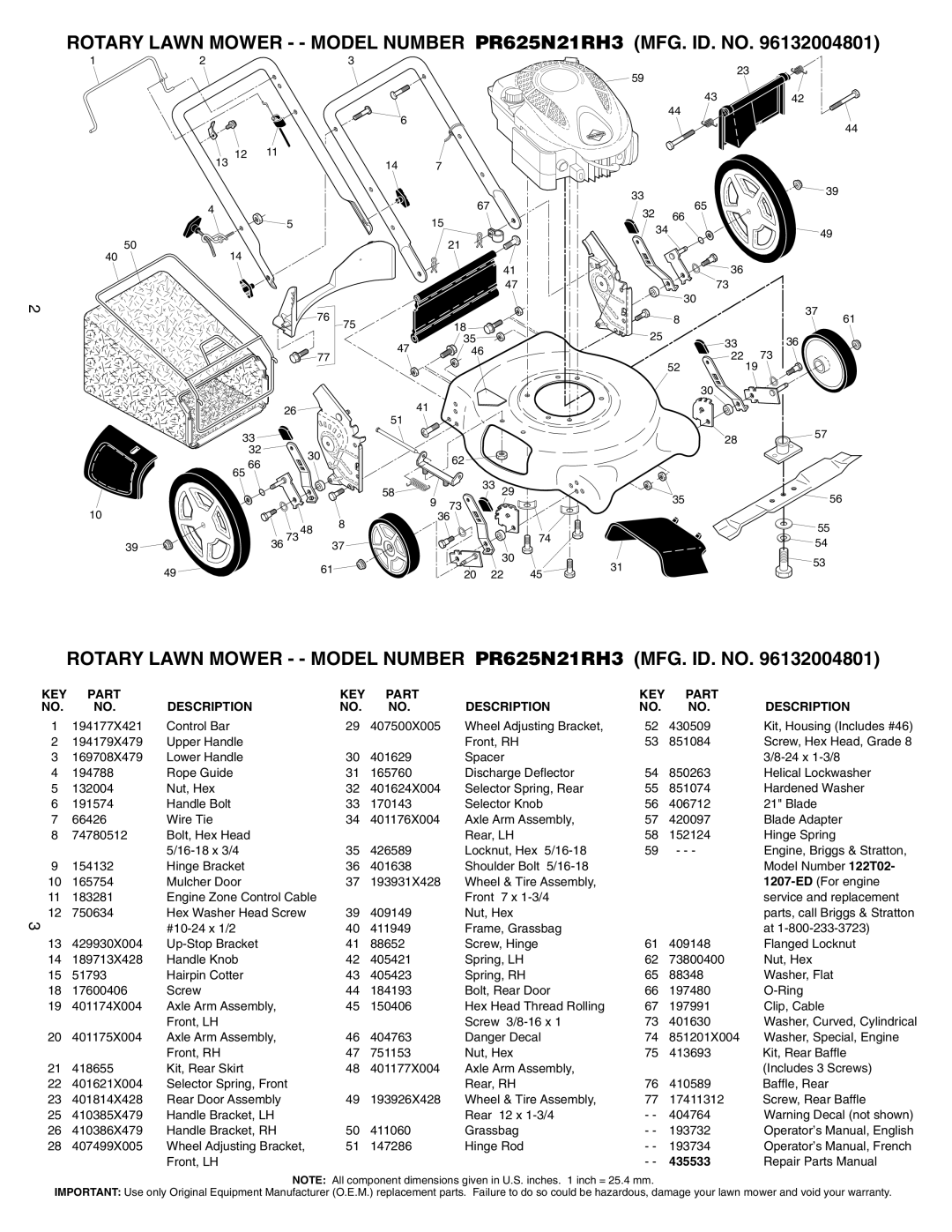 Poulan PR625N21RH3 warranty KEY Part NO. no, 51793, KEY Part Description, 435533, Repair Parts Manual 