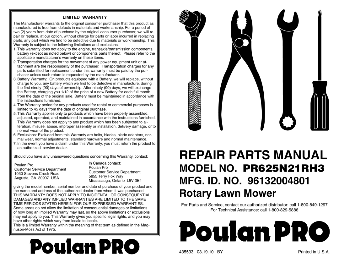 Poulan PR625N21RH3 warranty Repair Parts Manual, Limited Warranty, For Technical Assistance call, 435533 03.19.10 BY 