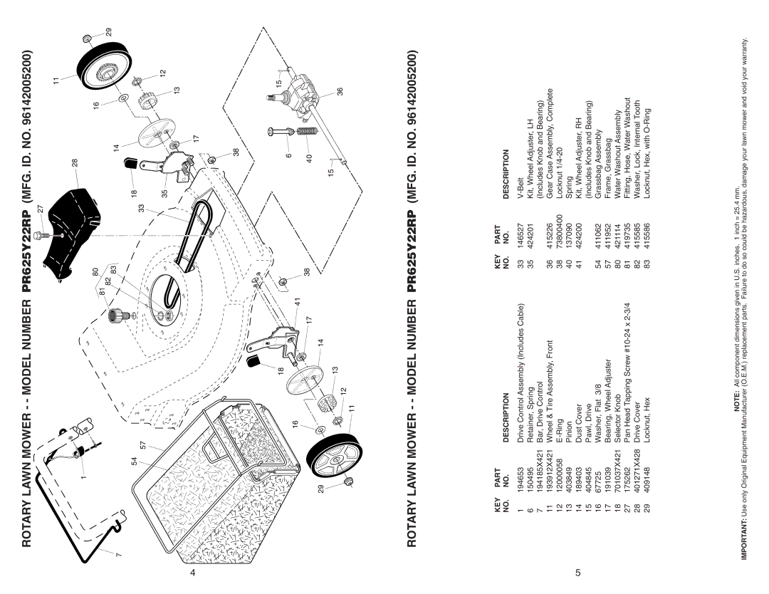 Poulan PR625Y22RP manual KEY Part Description 