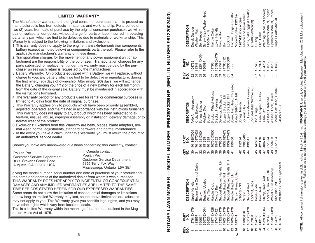 Poulan PR625Y22SHP manual KEY Part DESCRIPTIONNO. NO.DESCRIPTION, KEY Partkey Part NO. NO.DESCRIPTIONNO. no 