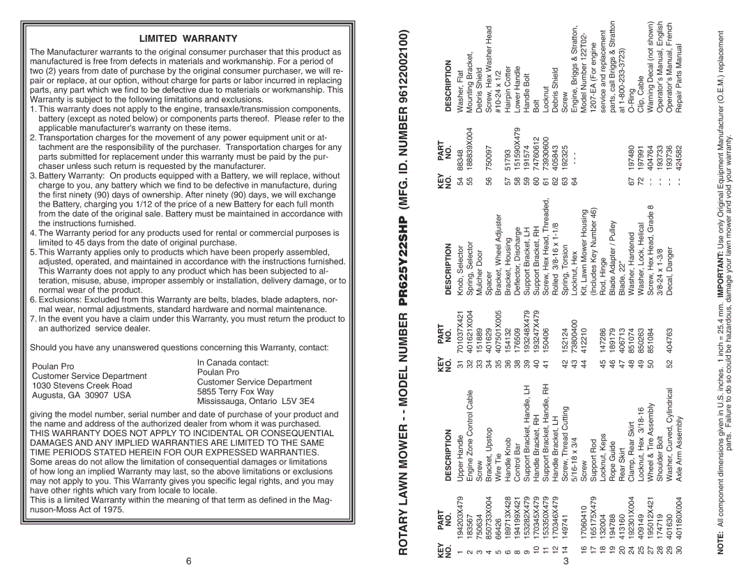 Poulan PR625Y22SHP manual KEY Part DESCRIPTIONNO. NO.DESCRIPTION, KEY Partkey Part NO. NO.DESCRIPTIONNO. no 