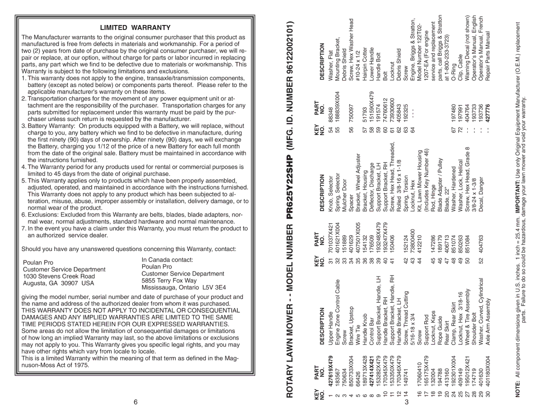 Poulan PR625Y22SHP manual KEY Part DESCRIPTIONNO. NO.DESCRIPTION, KEY Partkey Part NO. NO.DESCRIPTIONNO. no 