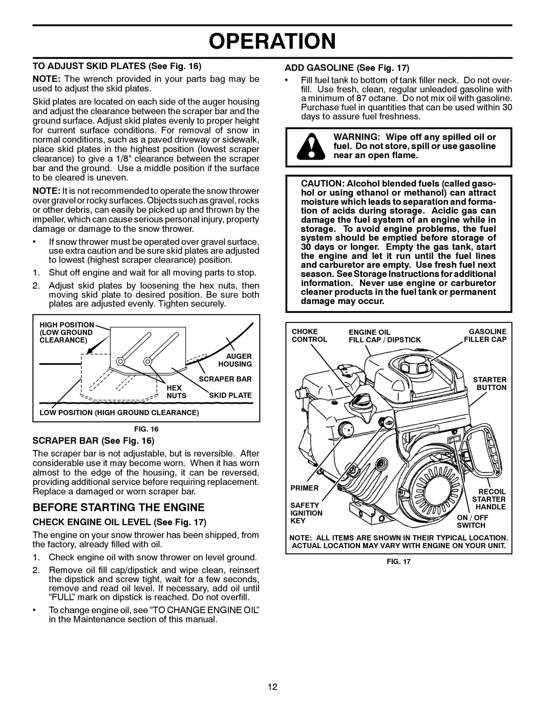 Poulan PR827ES owner manual Before Starting The Engine, Operation, TO ADJUST SKID PLATES See Fig, SCRAPER BAR See Fig 