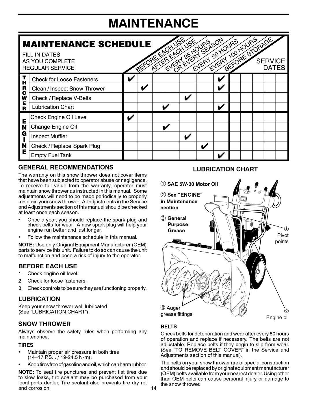 Poulan PR827ES Maintenance, General Recommendations, Lubrication Chart, Before Each Use, Snow Thrower, Purpose Grease 