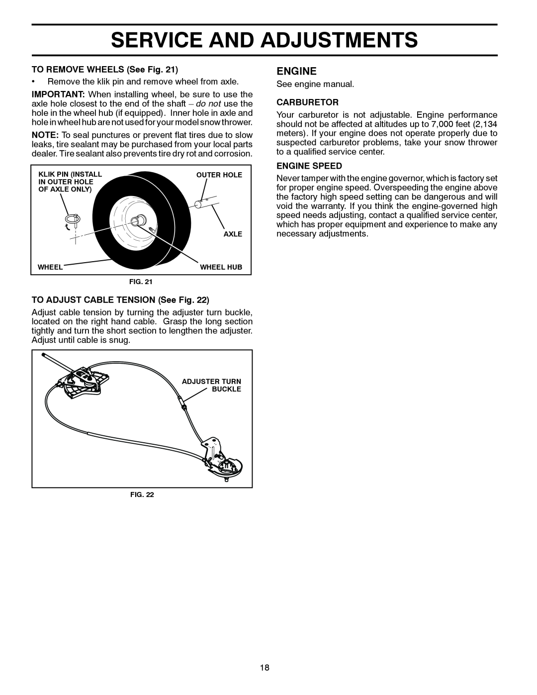 Poulan PR827ES Service And Adjustments, Engine, TO REMOVE WHEELS See Fig, TO ADJUST CABLE TENSION See Fig, Carburetor 