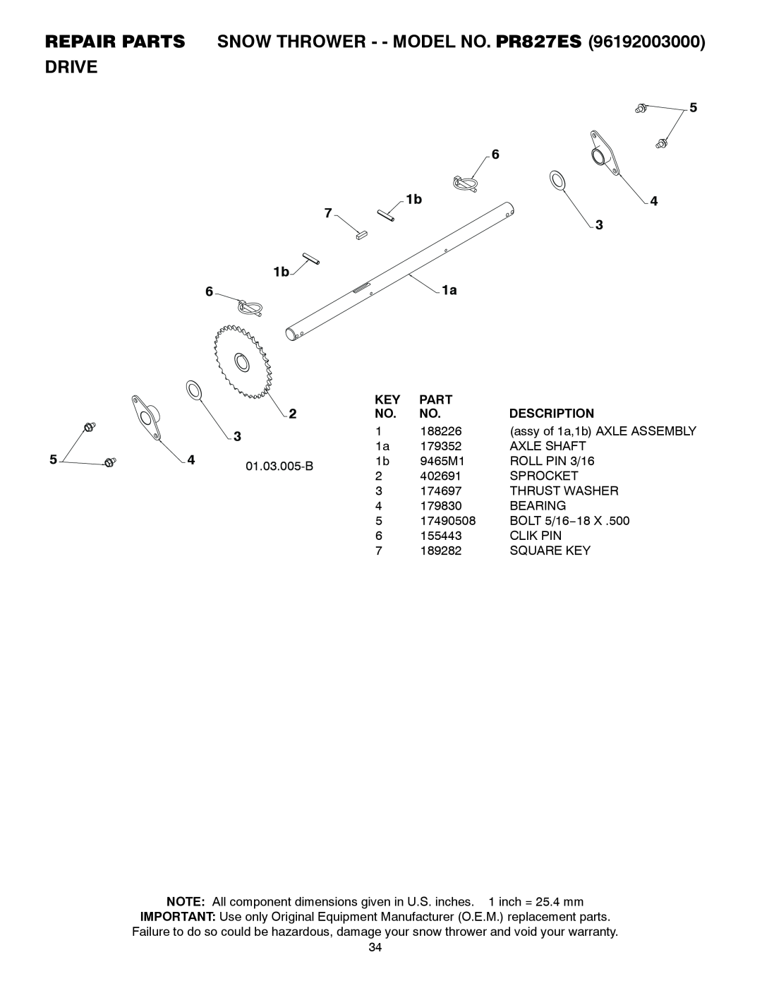 Poulan owner manual REPAIR PARTS SNOW THROWER - - MODEL NO. PR827ES DRIVE, Part, Description 