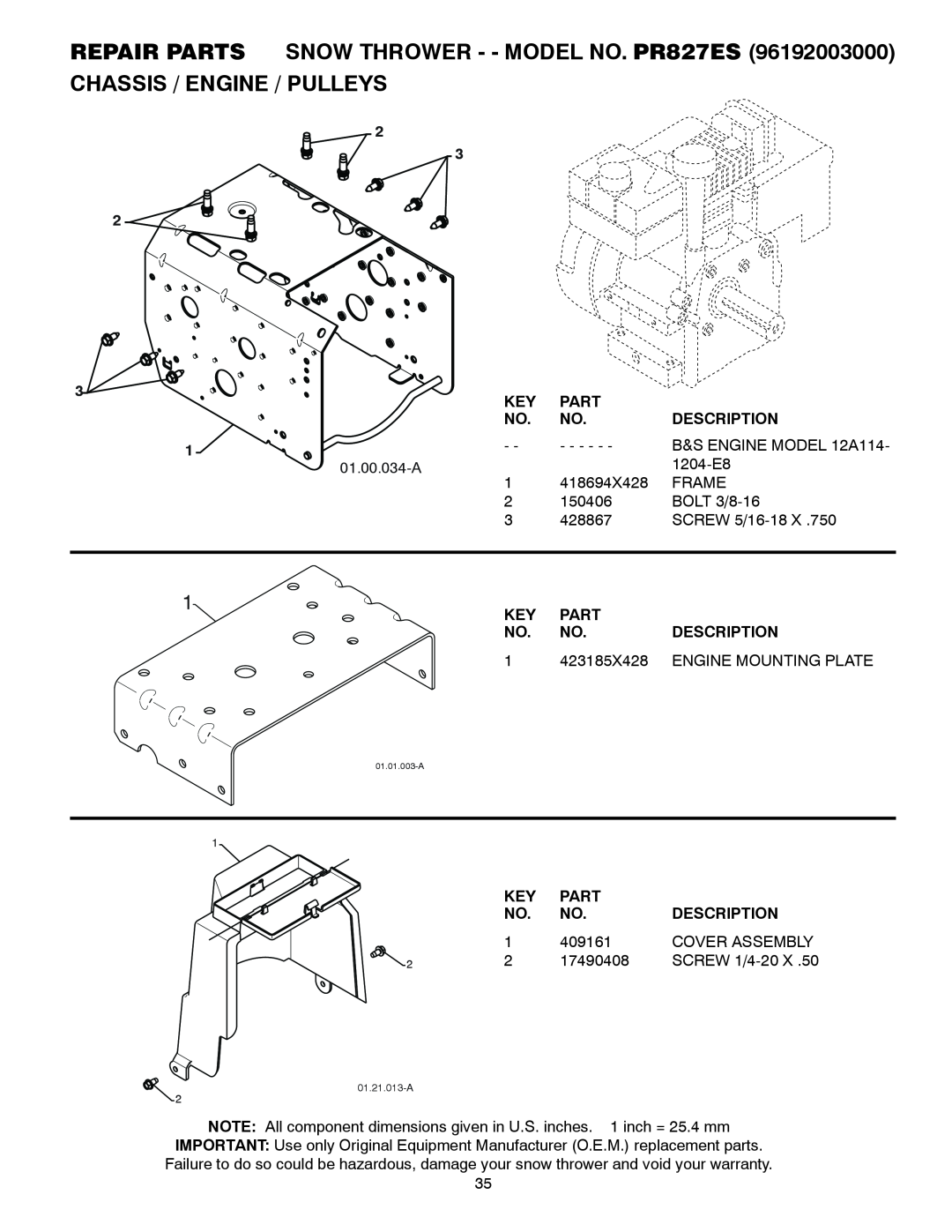 Poulan Chassis / Engine / Pulleys, REPAIR PARTS SNOW THROWER - - MODEL NO. PR827ES, Part, Description, 423185X428 