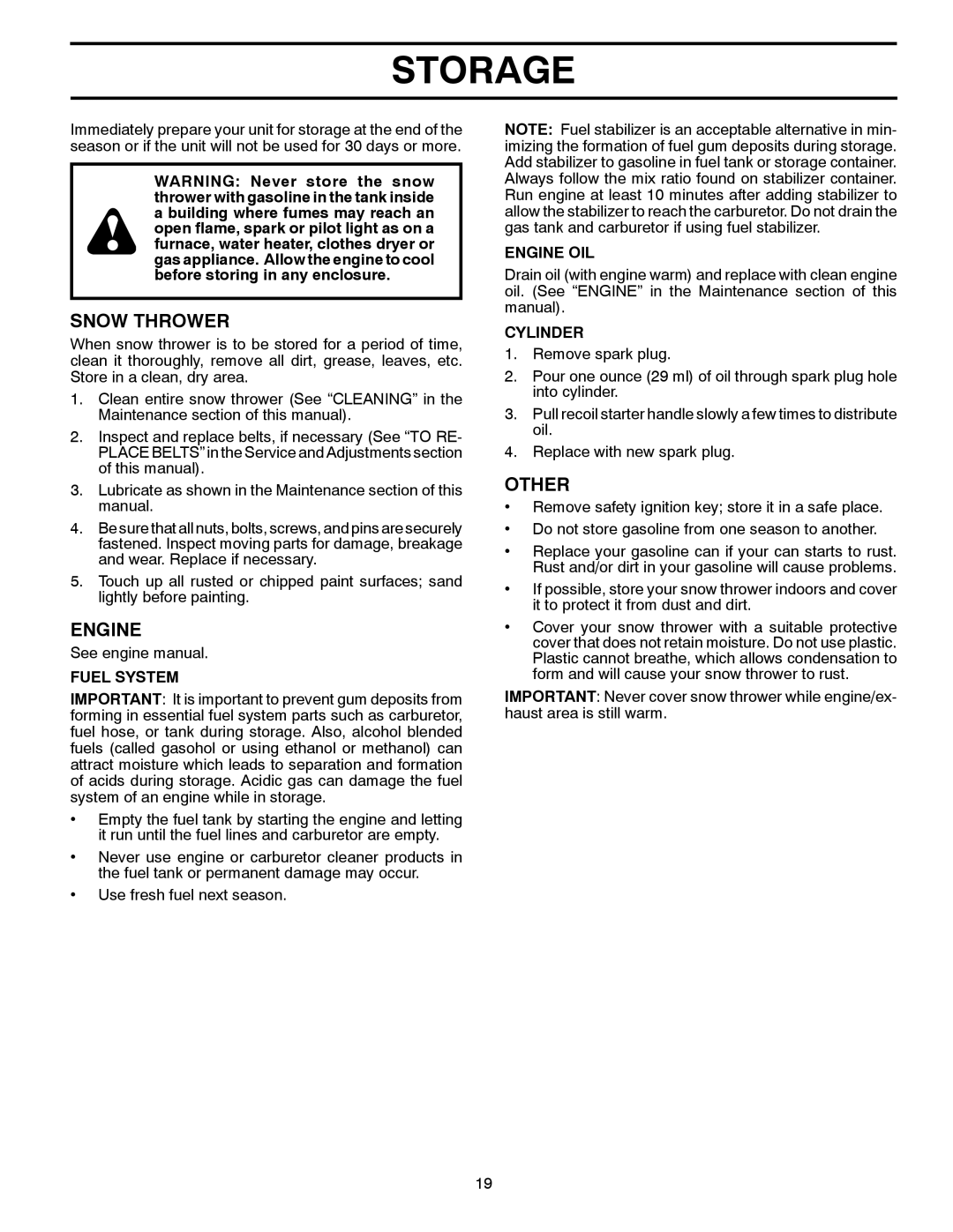 Poulan PR827ES owner manual Storage, Other, Fuel System, Engine OIL, Cylinder 