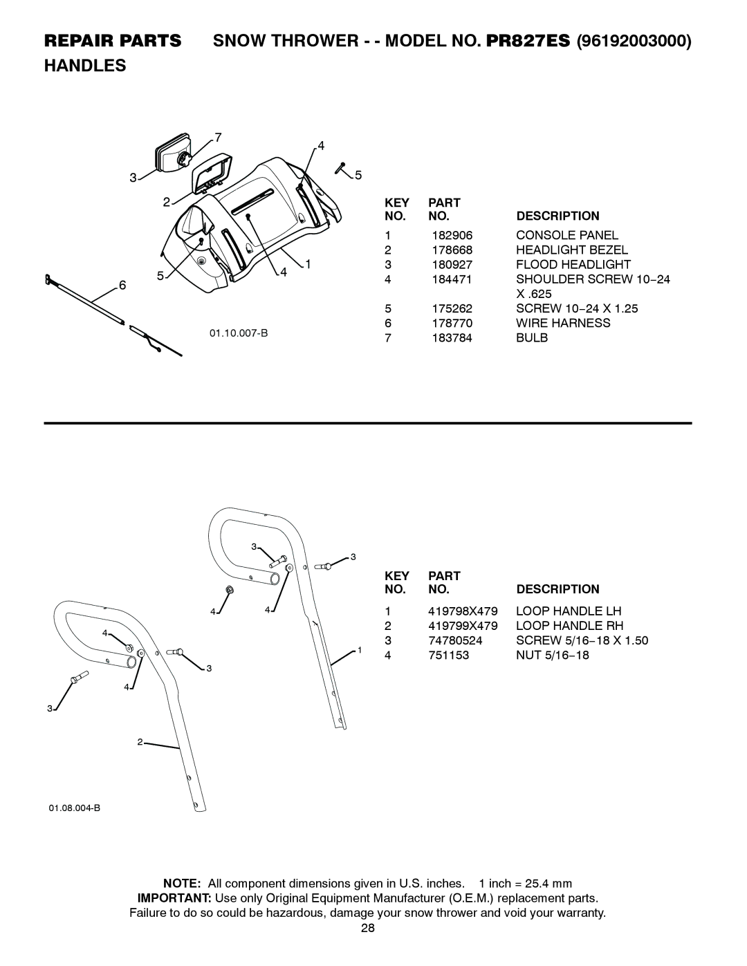 Poulan owner manual Repair Parts Snow Thrower - Model NO. PR827ES Handles 