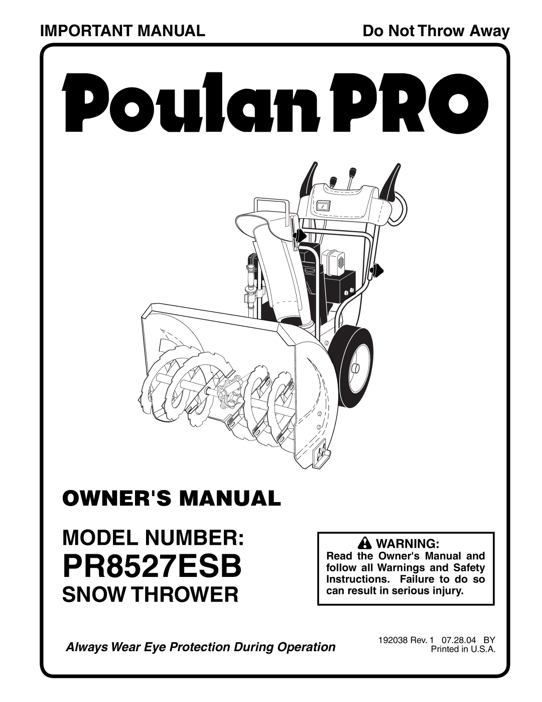 Poulan PR8527ESB owner manual Model Number, Snow Thrower 