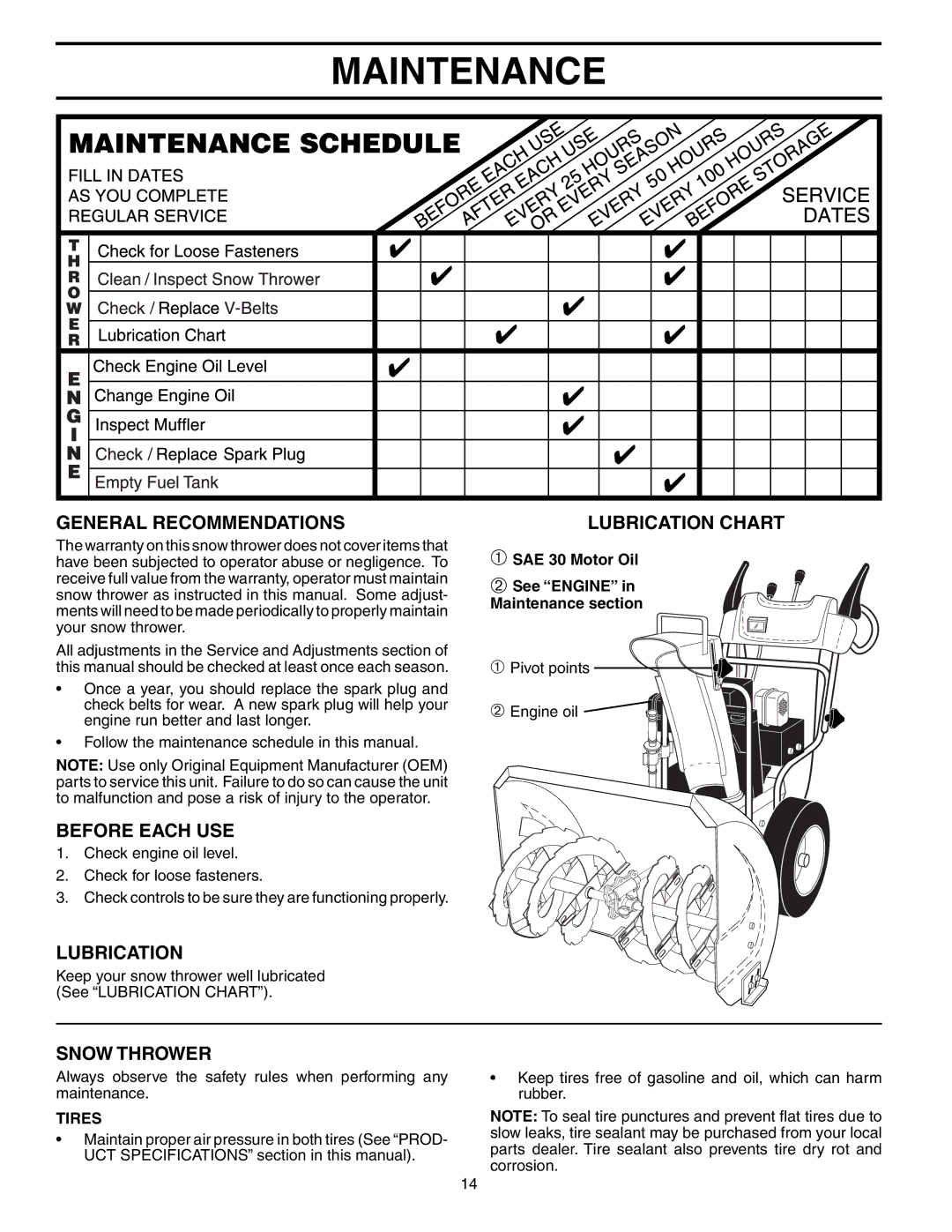 Poulan PR8527ESB owner manual Maintenance, General Recommendations, Before Each USE, Lubrication, Snow Thrower 