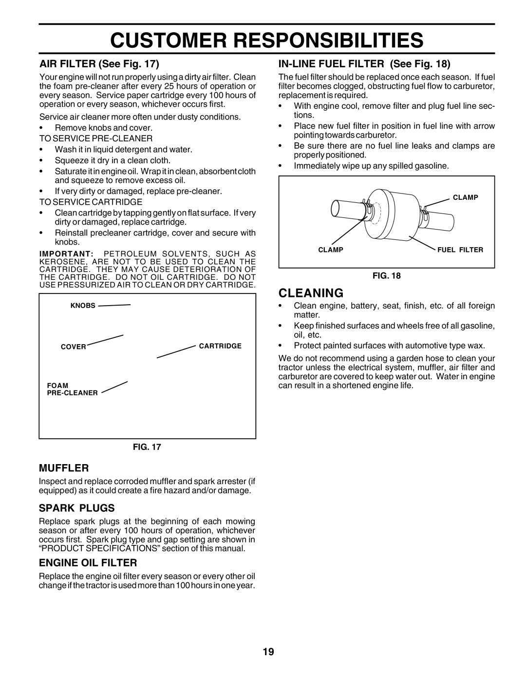 Poulan 177925, PRFT22H48A owner manual Cleaning, Muffler, Spark Plugs, Engine OIL Filter 