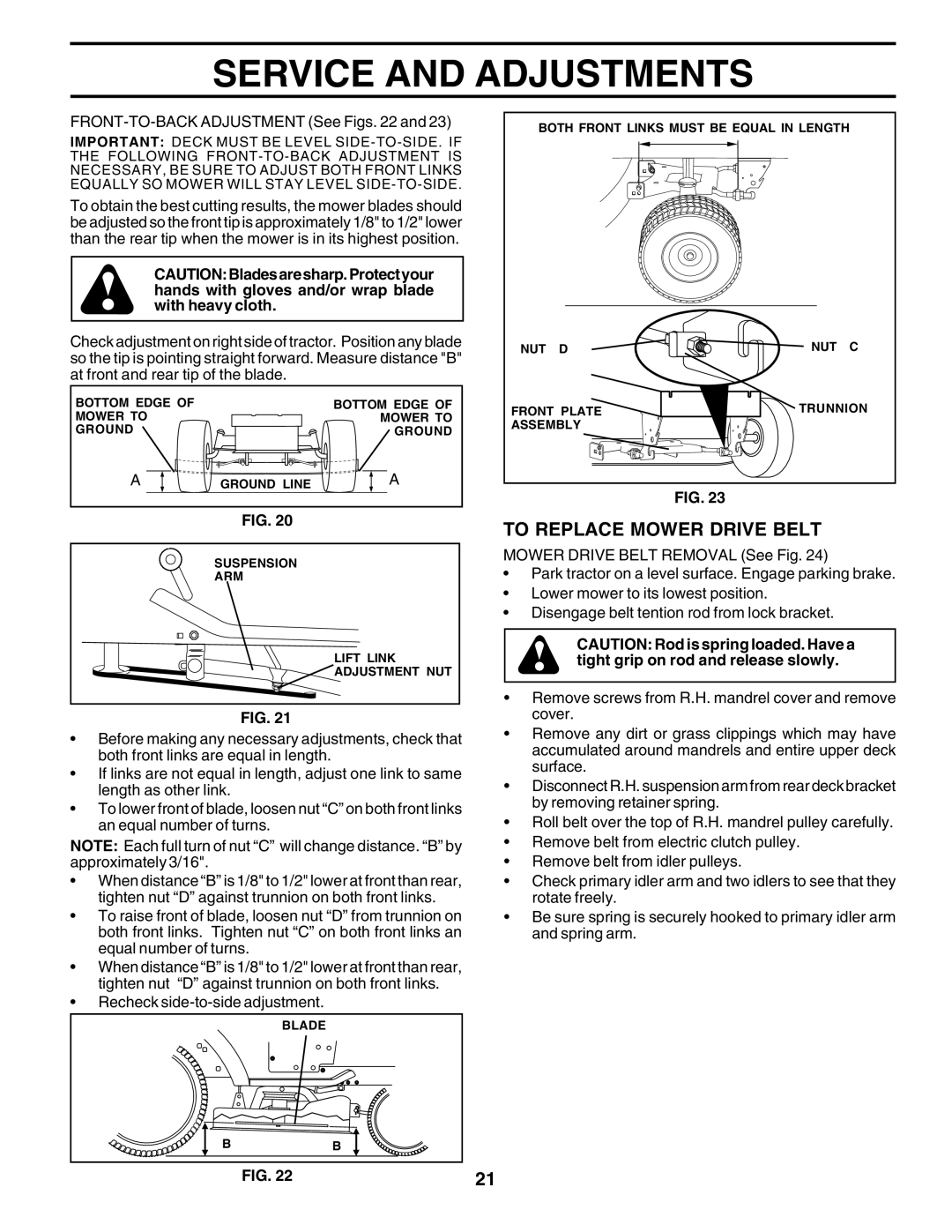 Poulan 177925, PRFT22H48A owner manual To Replace Mower Drive Belt, FRONT-TO-BACK Adjustment See Figs 