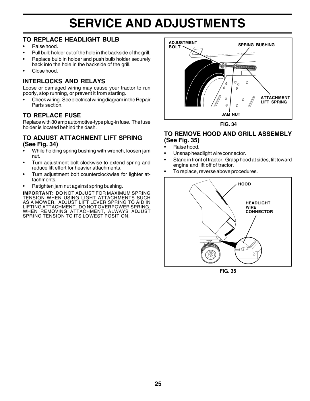 Poulan 177925 To Replace Headlight Bulb, Interlocks and Relays, To Replace Fuse, To Adjust Attachment Lift Spring See Fig 