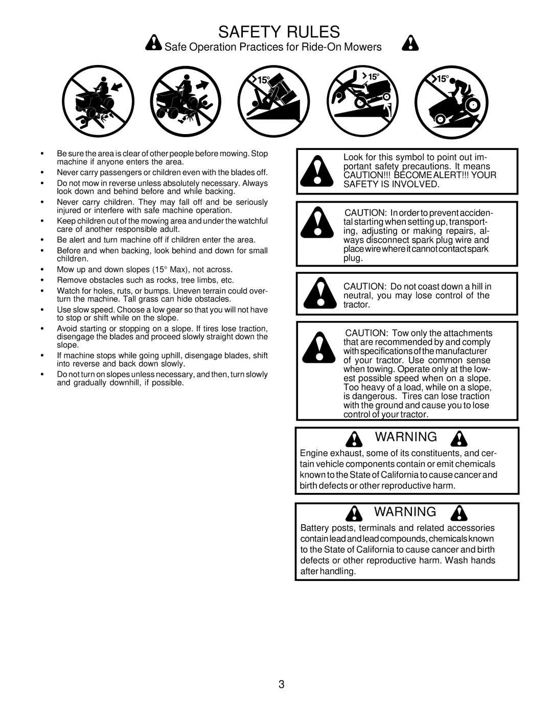 Poulan 177925, PRFT22H48A owner manual Safe Operation Practices for Ride-On Mowers 