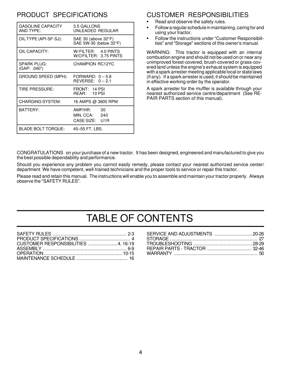 Poulan PRFT22H48A, 177925 owner manual Table of Contents 