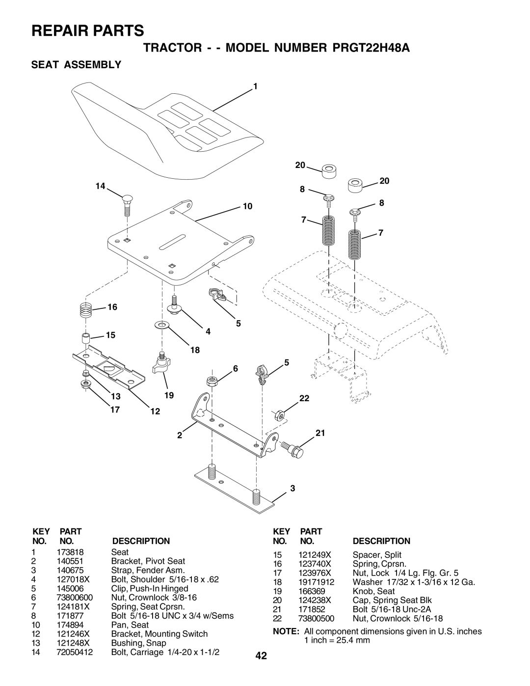 Poulan PRFT22H48A, 177925 owner manual Seat Assembly, KEY Part NO. NO. Description 