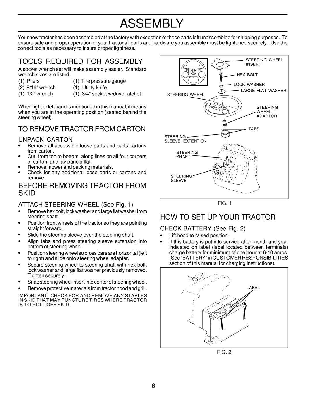 Poulan PRFT22H48A Tools Required for Assembly, To Remove Tractor from Carton, Before Removing Tractor from Skid 