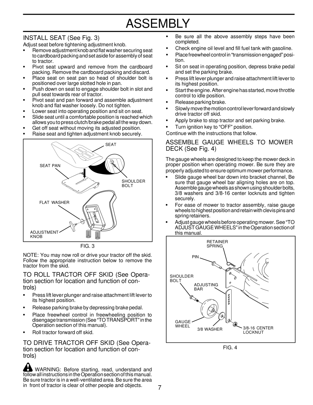 Poulan 177925, PRFT22H48A owner manual Install Seat See Fig, Assemble Gauge Wheels to Mower Deck See Fig 