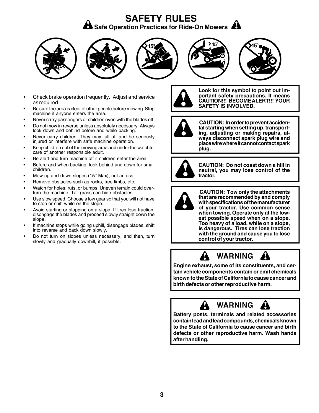 Poulan PRGT2046A owner manual Safety Rules, Safe Operation Practices for Ride-On Mowers 