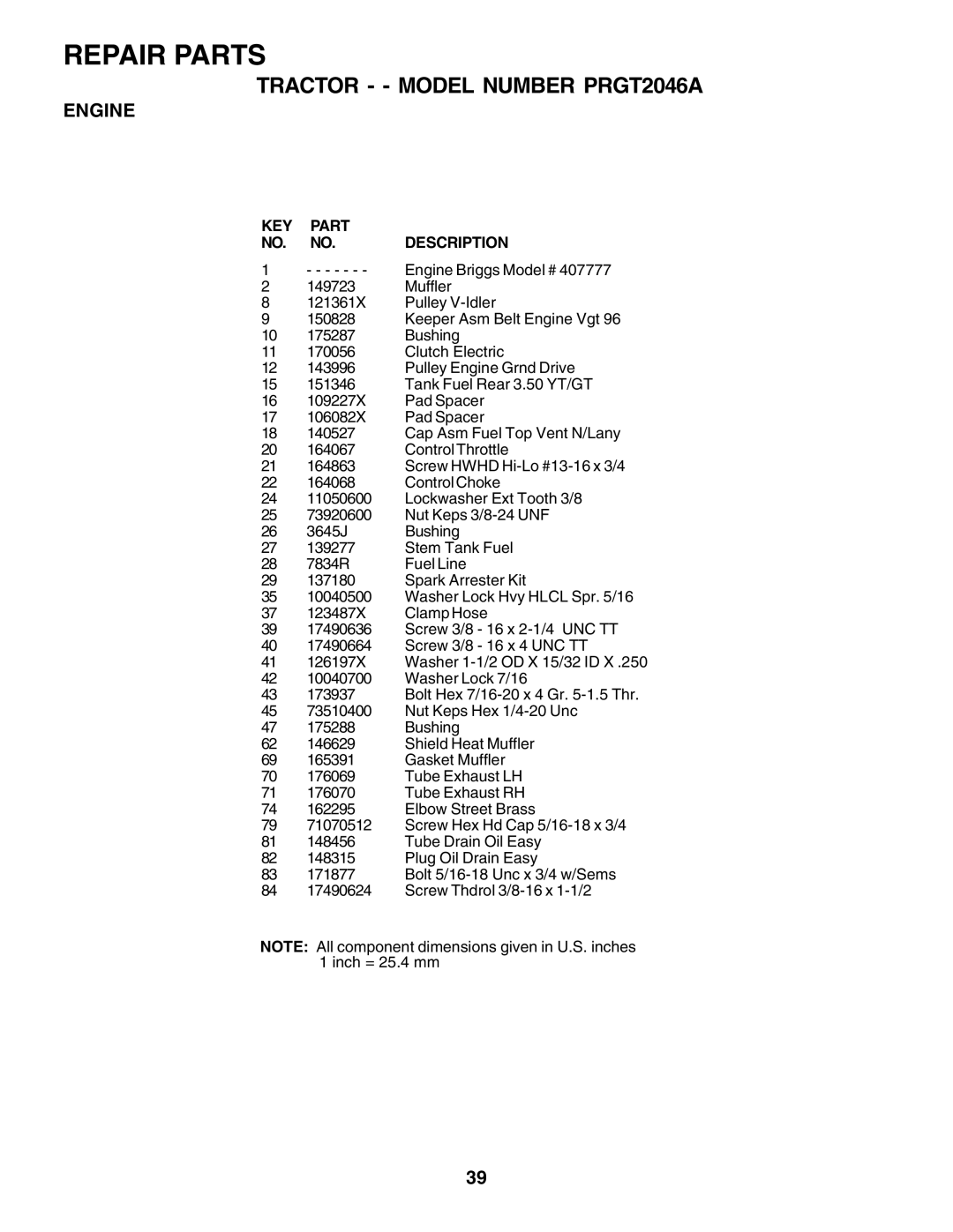 Poulan PRGT2046A owner manual Engine Briggs Model # 