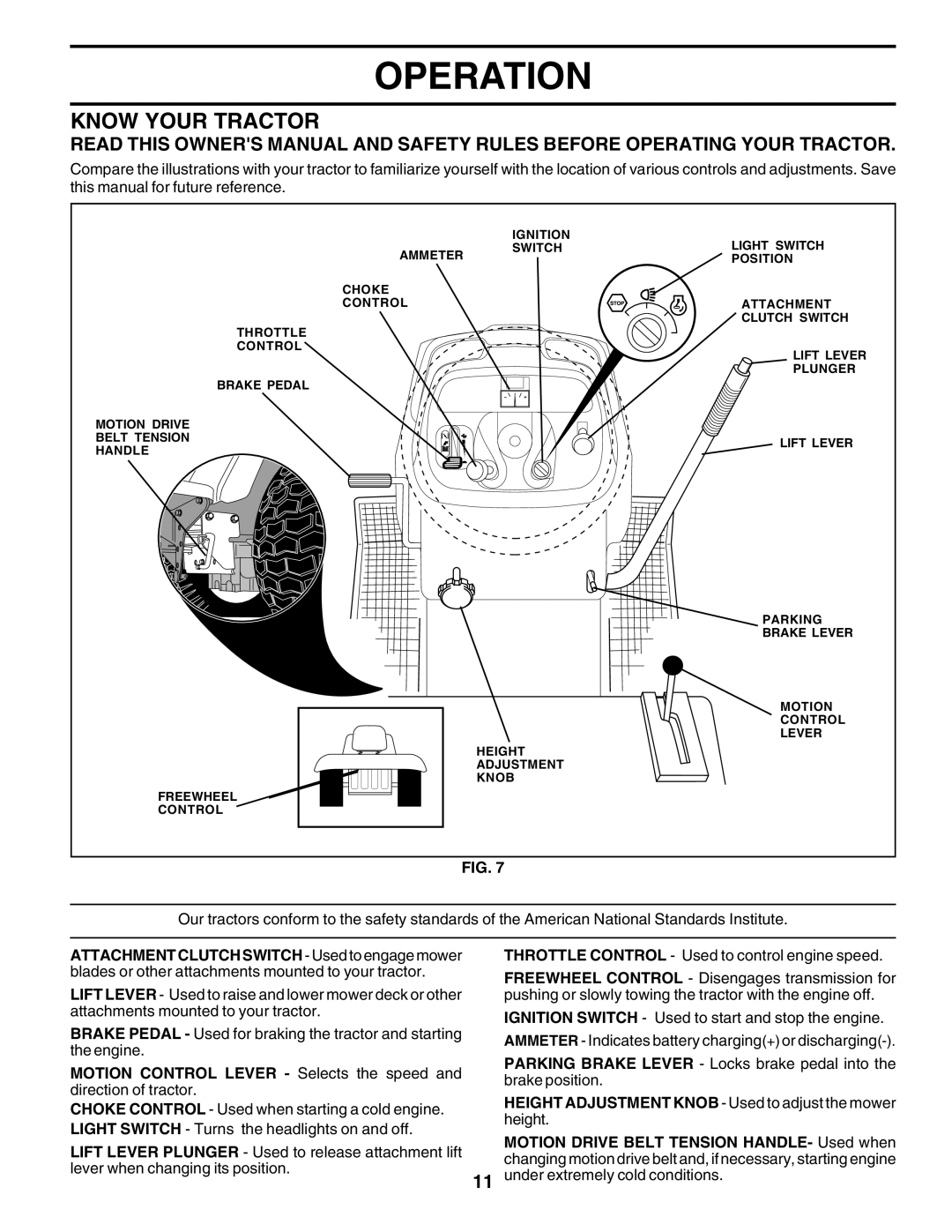 Poulan PRGT22H50B owner manual Know Your Tractor, Height Adjustment Knob Used to adjust the mower height 