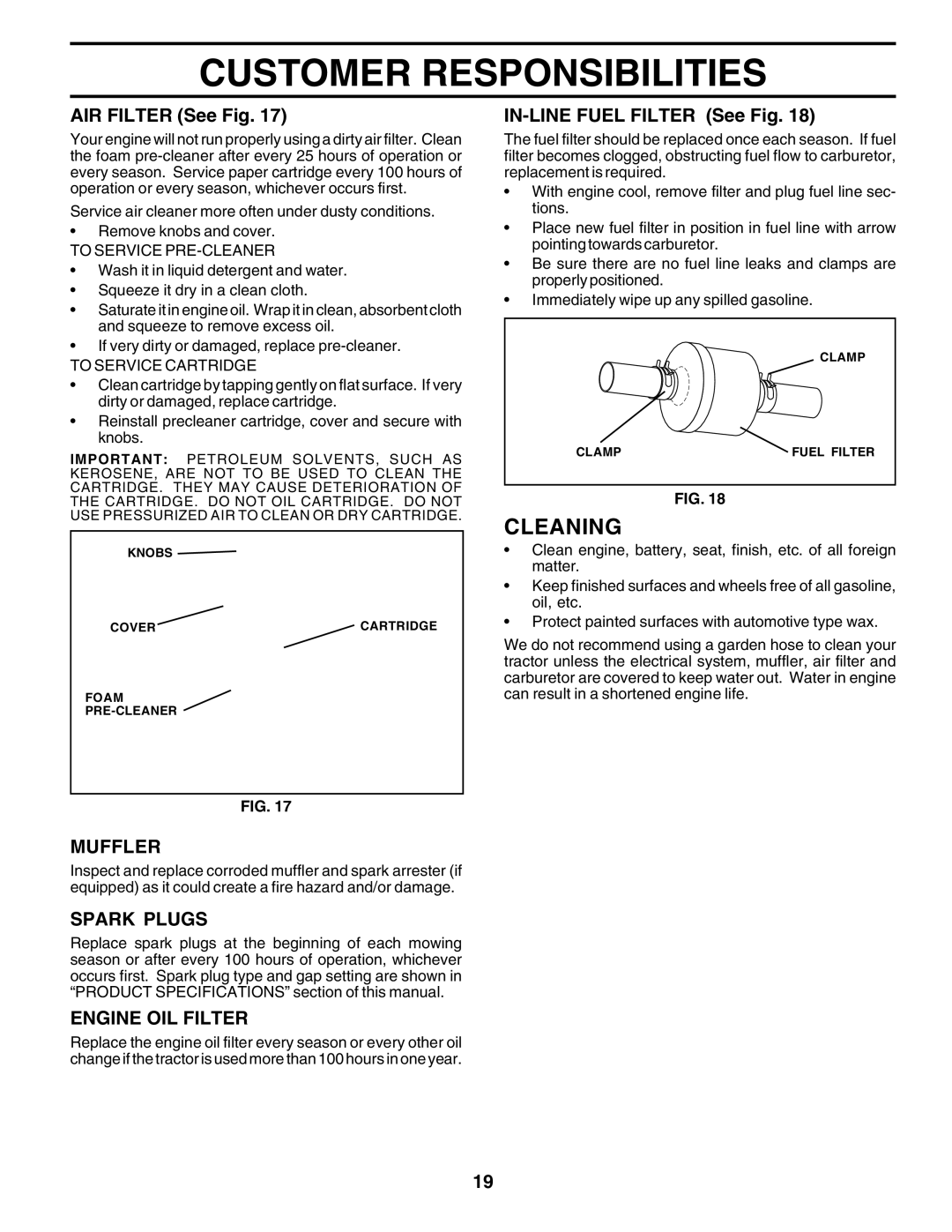 Poulan PRGT22H50B owner manual Cleaning, Muffler, Spark Plugs, Engine OIL Filter 