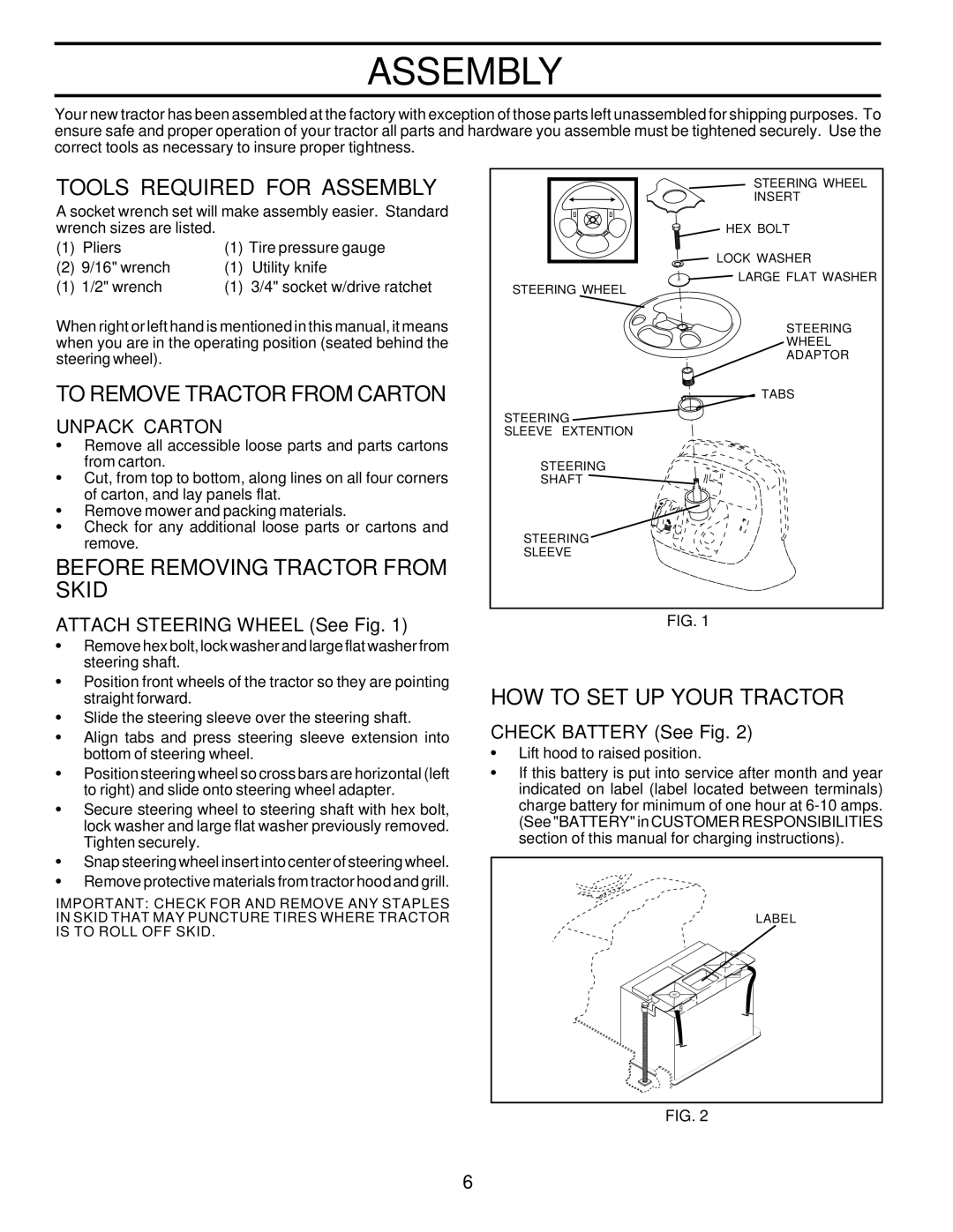 Poulan PRGT22H50B Tools Required for Assembly, To Remove Tractor from Carton, Before Removing Tractor from Skid 