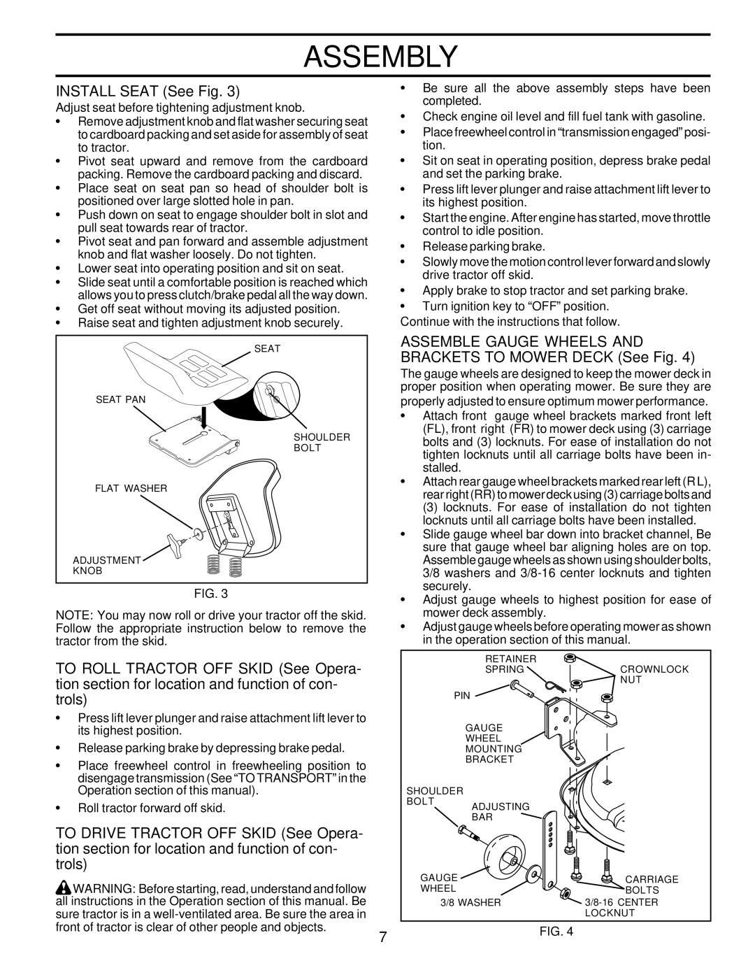 Poulan PRGT22H50B owner manual Install Seat See Fig, Assemble Gauge Wheels and Brackets to Mower Deck See Fig 