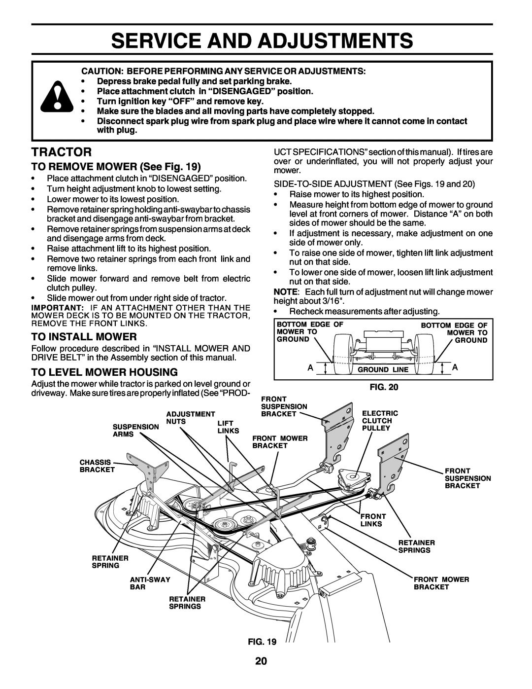 Poulan PRGT22H50B Service And Adjustments, Tractor, TO REMOVE MOWER See Fig, To Install Mower, To Level Mower Housing 