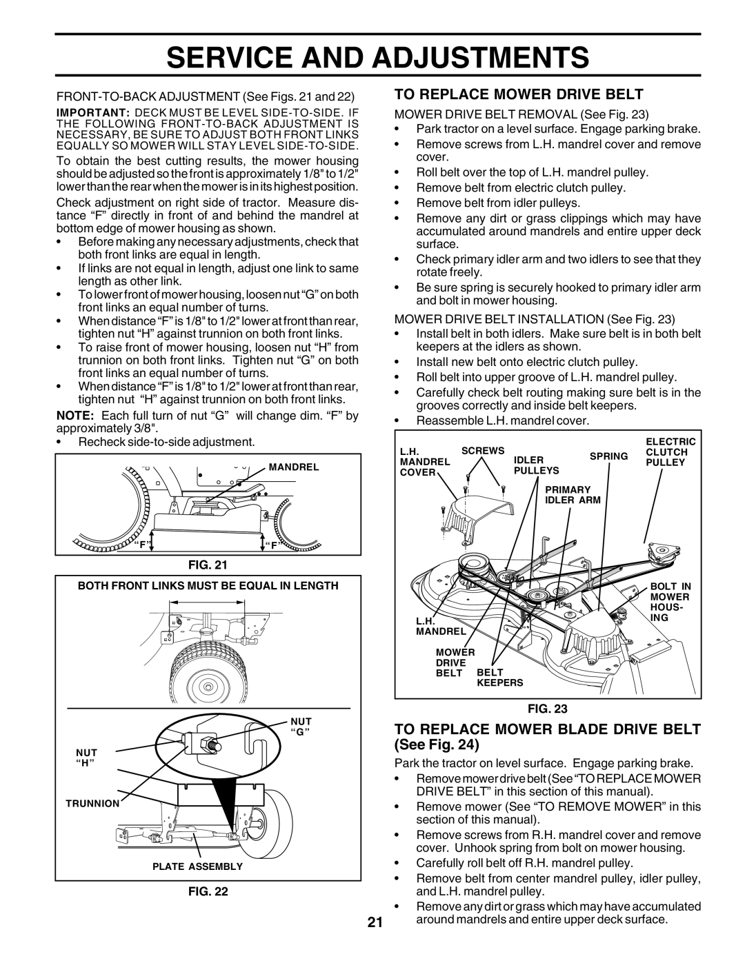 Poulan PRGT22H50C owner manual To Replace Mower Drive Belt, To Replace Mower Blade Drive Belt See Fig 