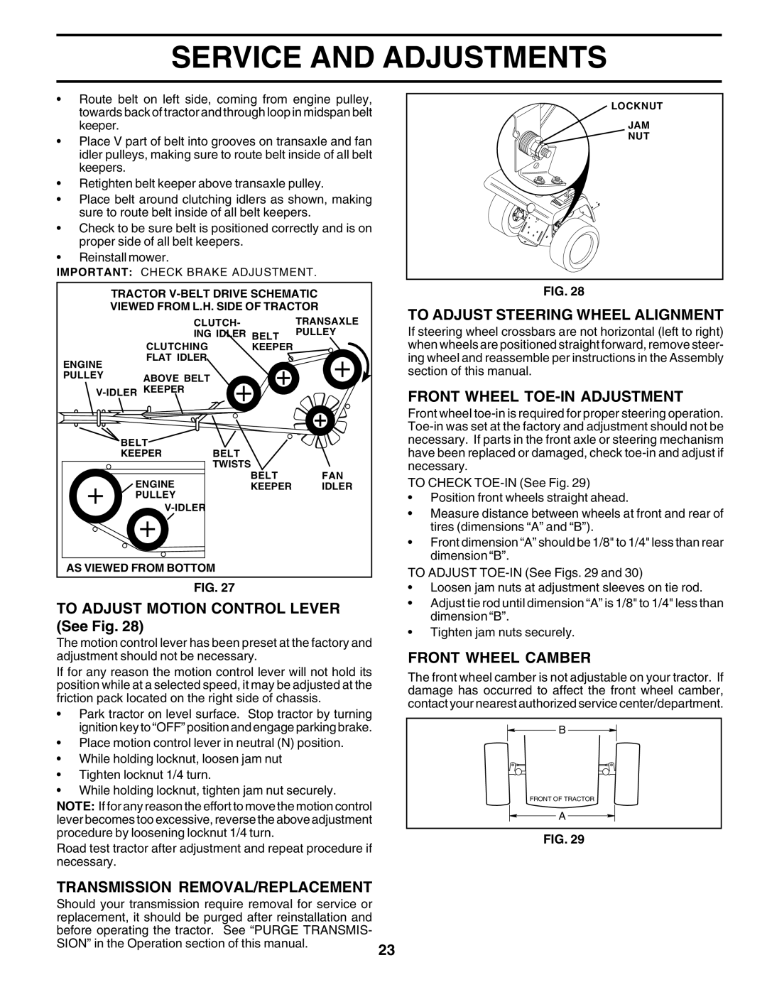 Poulan PRGT22H50C To Adjust Motion Control Lever See Fig, Transmission REMOVAL/REPLACEMENT, Front Wheel TOE-IN Adjustment 