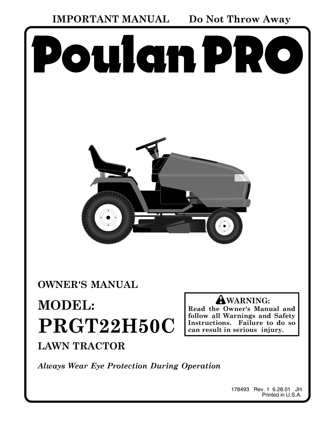 Poulan PRGT22H50C owner manual Model, IMPORTANT MANUAL Do Not Throw Away, Owners Manual, Lawn Tractor 