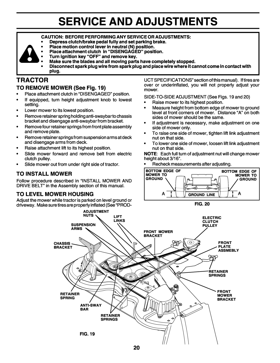 Poulan PRGT22H50C Service And Adjustments, Tractor, TO REMOVE MOWER See Fig, To Install Mower, To Level Mower Housing 