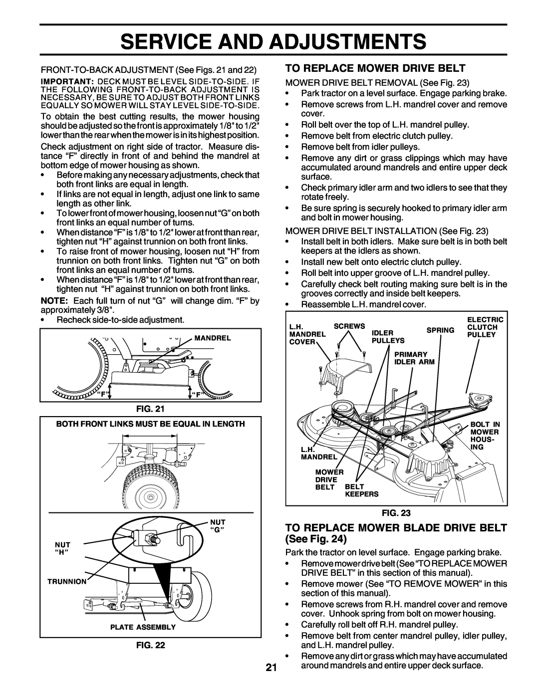 Poulan PRGT22H50C Service And Adjustments, To Replace Mower Drive Belt, TO REPLACE MOWER BLADE DRIVE BELT See Fig 
