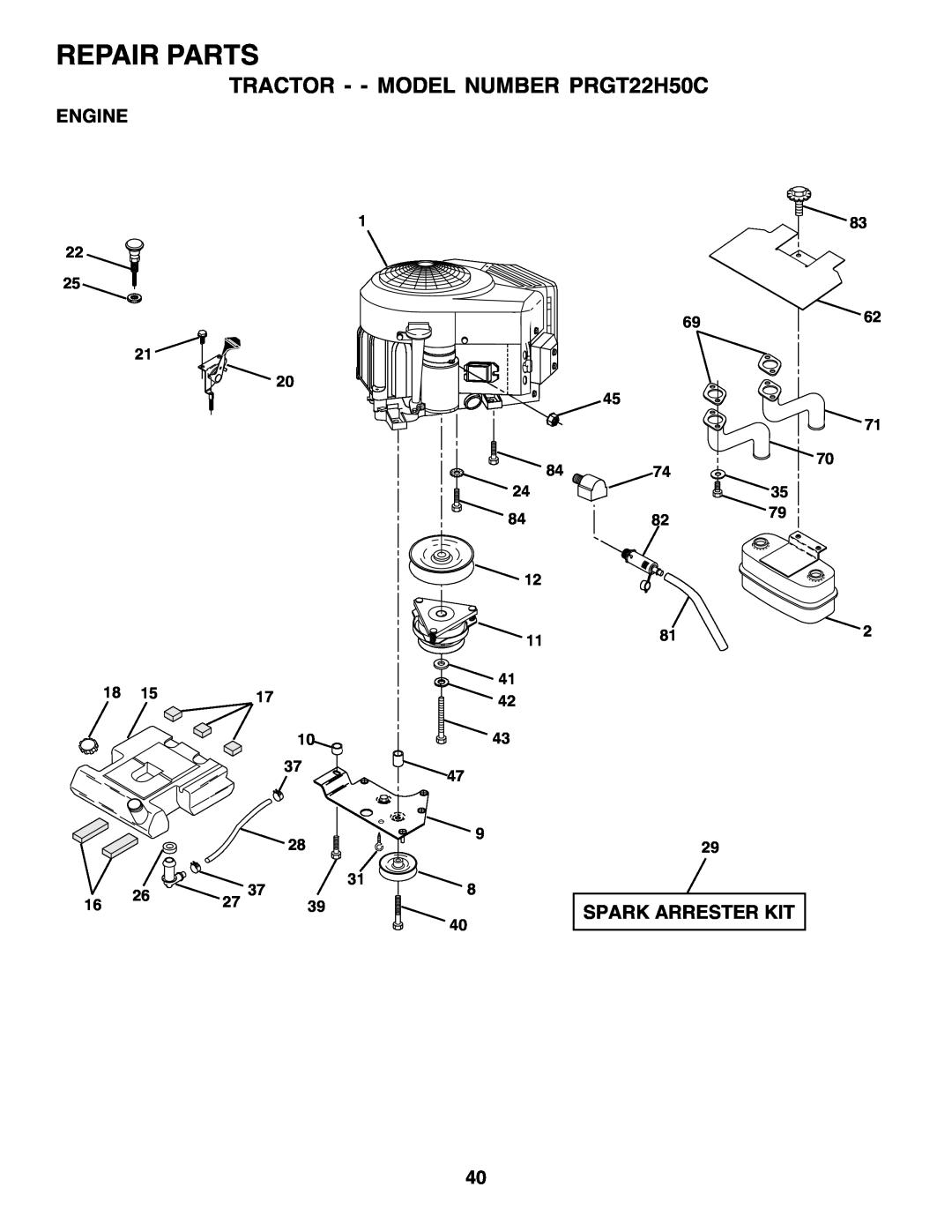 Poulan owner manual Repair Parts, TRACTOR - - MODEL NUMBER PRGT22H50C, Engine, Spark Arrester Kit, 6962 